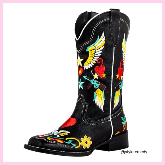 Women's Square Toe Cowboy Boots with Embroidered Wing Star Heart Design